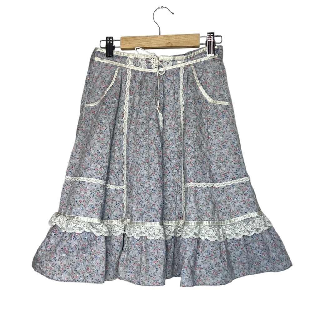 Gunne Sax Blue Floral Mini Dress with White Lace